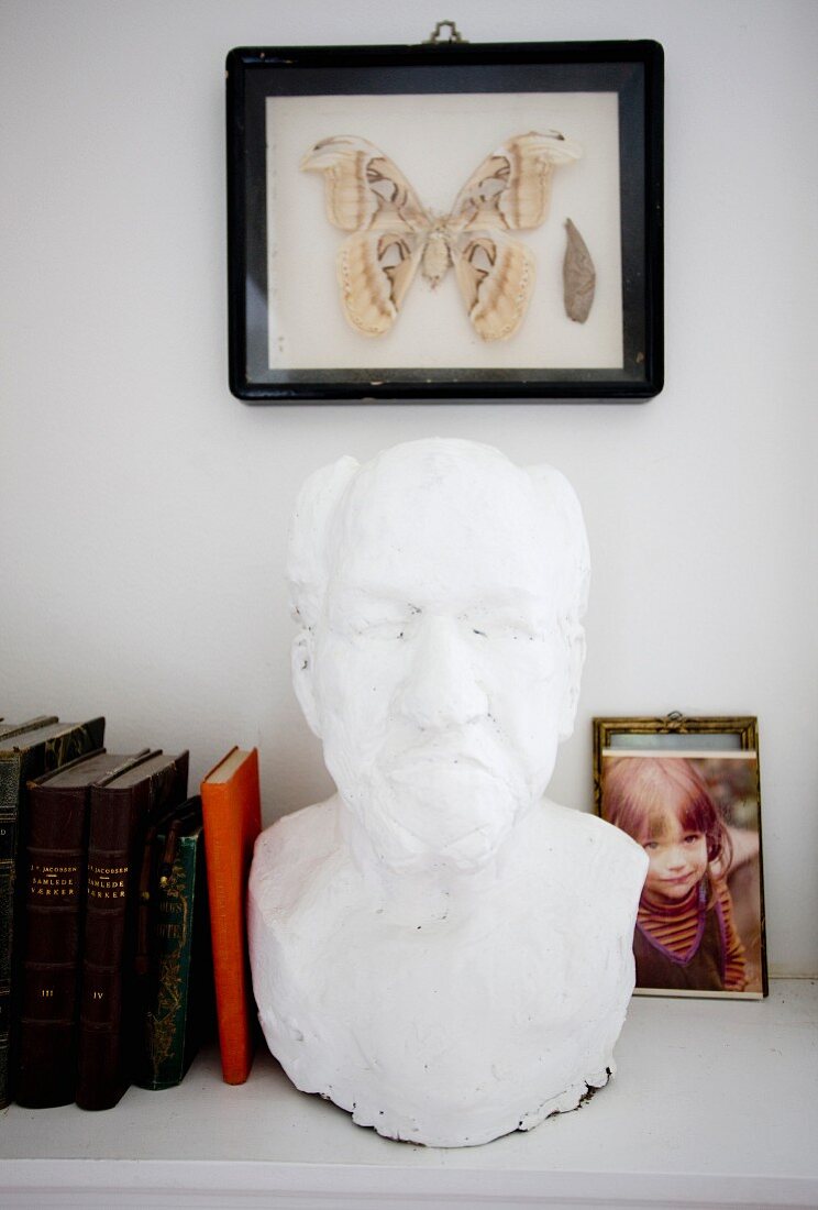 weiße männliche Gipsbüste auf Bücherablage, an Wand gerahmter Schmetterling