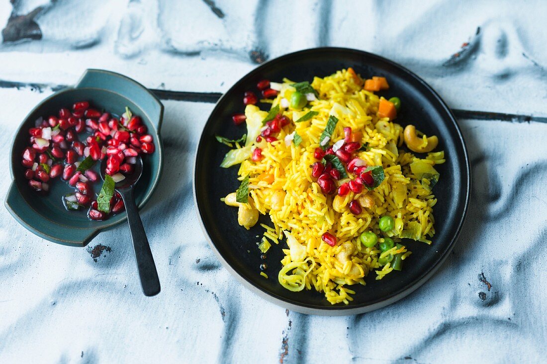 Oriental turmeric rice with a pomegranate seed salsa