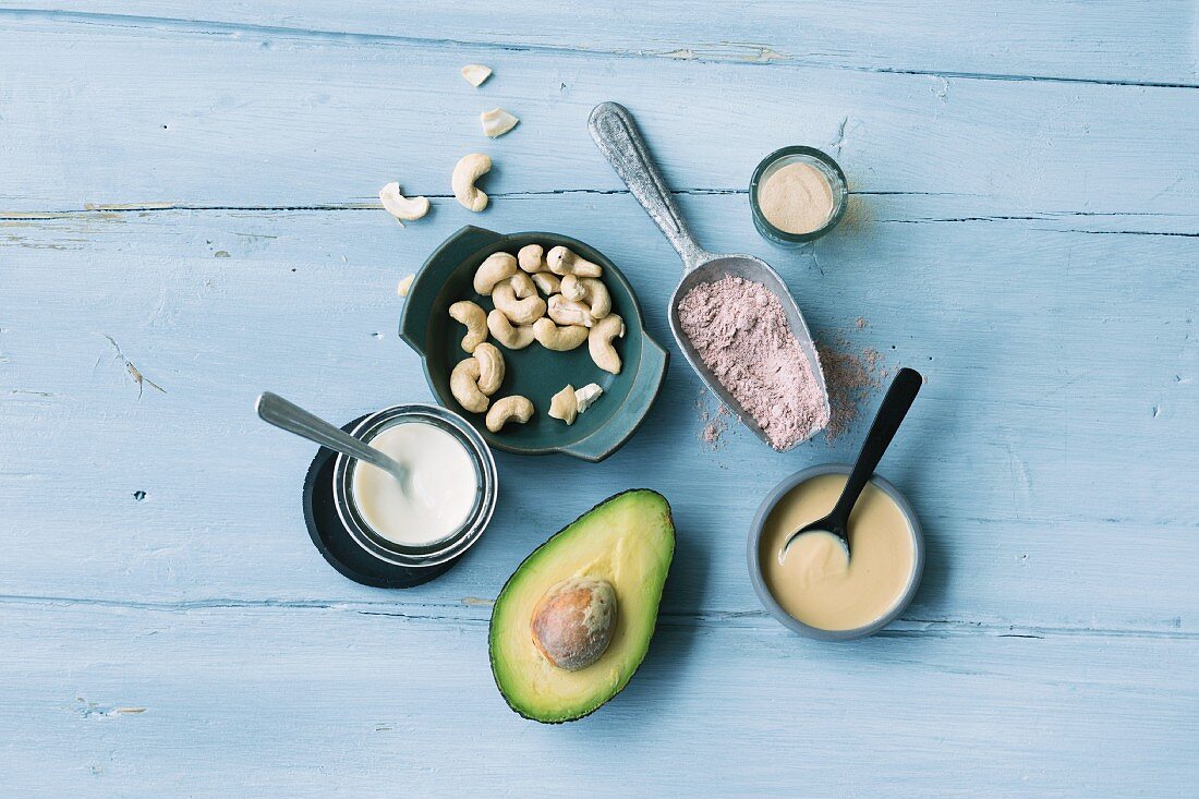ingredients for vegan cuisine: cashew nuts, soya yoghurt, avocado, agar-agar, kala namak and almond mousse