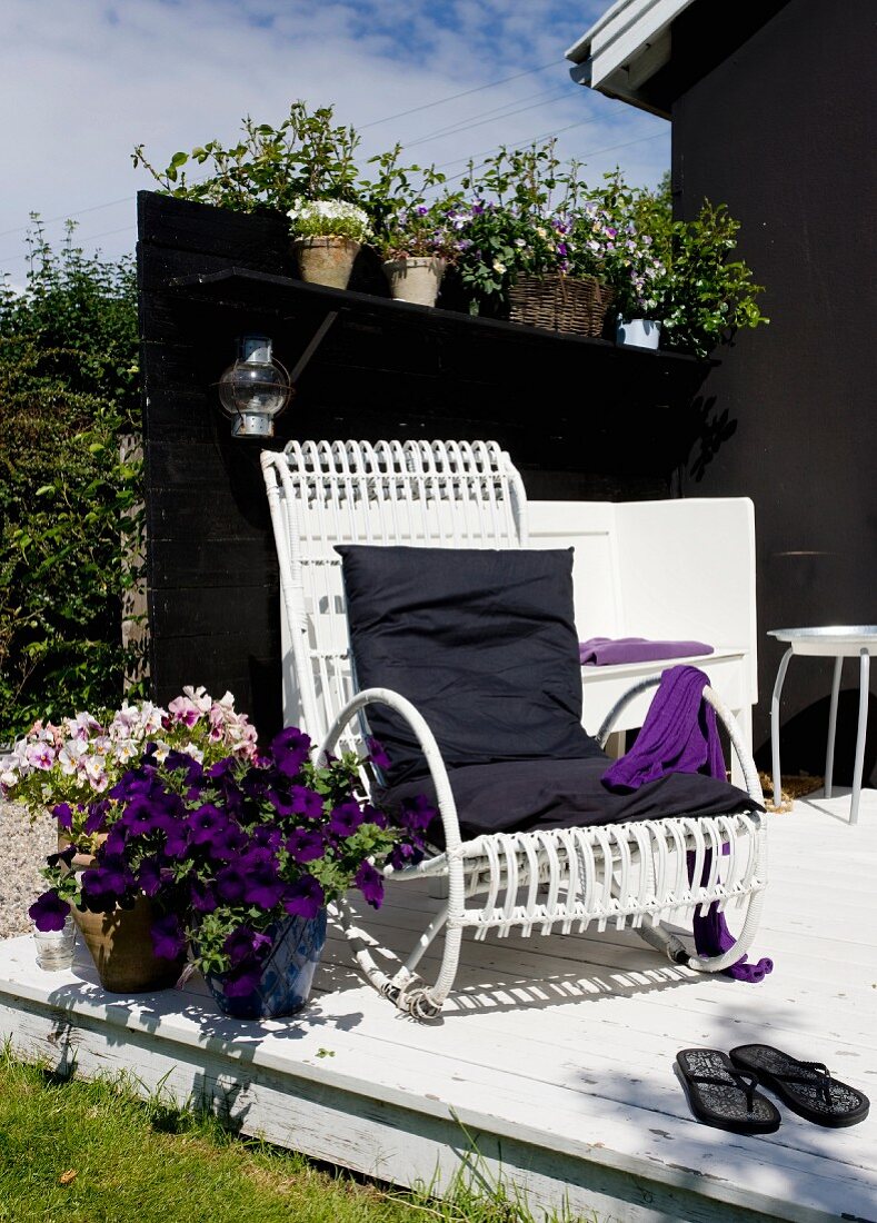 Weiß lackierter Bambusstuhl neben Stiefmütterchen und Petunien auf sonniger Terrasse, im Hintergrund dunkler Sichtschutzwand