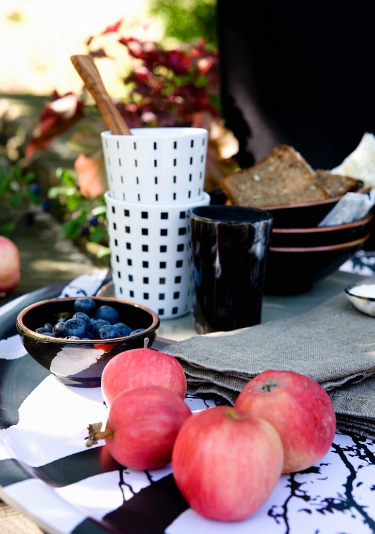 Rote Äpfel und Blaubeeren in Schale im Hintergrund Geschirr, auf Tisch im Freien