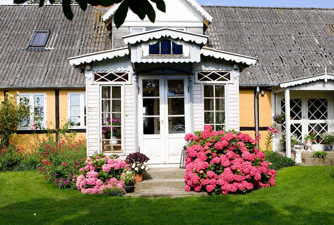 View from garden of pink hydrangeas flanking white-painted wooden porch of house