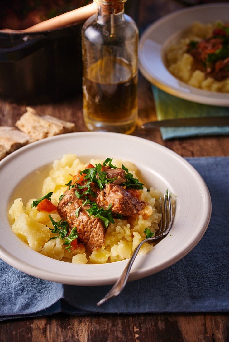 Braised veal on a bed of mashed potatoes