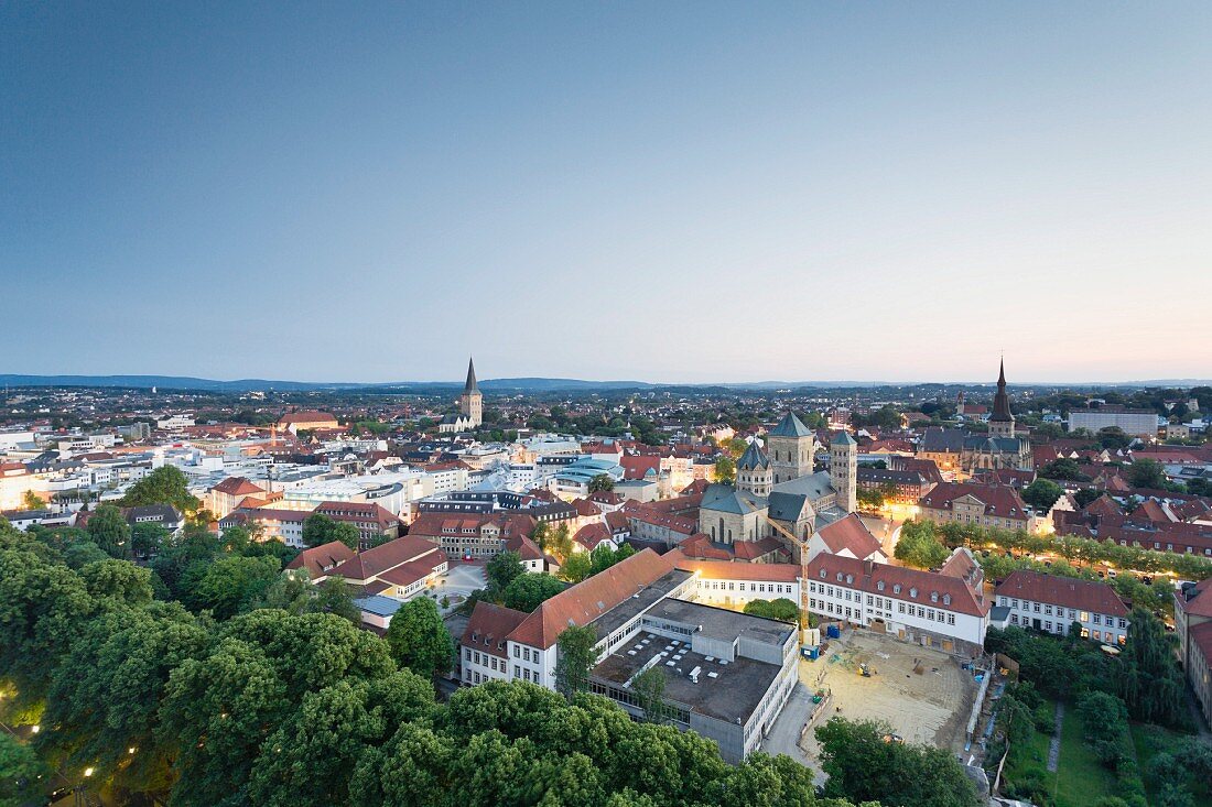 A view from the Iduna skyscraper over the town of Osnabrück in the evening