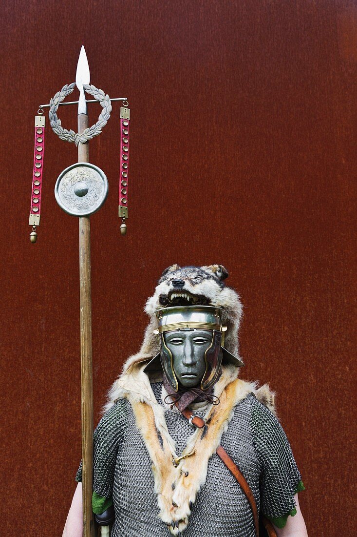 Battle of the Teutoburg Forest between the Romans and Tutons: costume and mask belonging to a Roman legionnaire