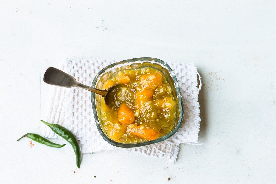 Green tomato chutney with dried apricots