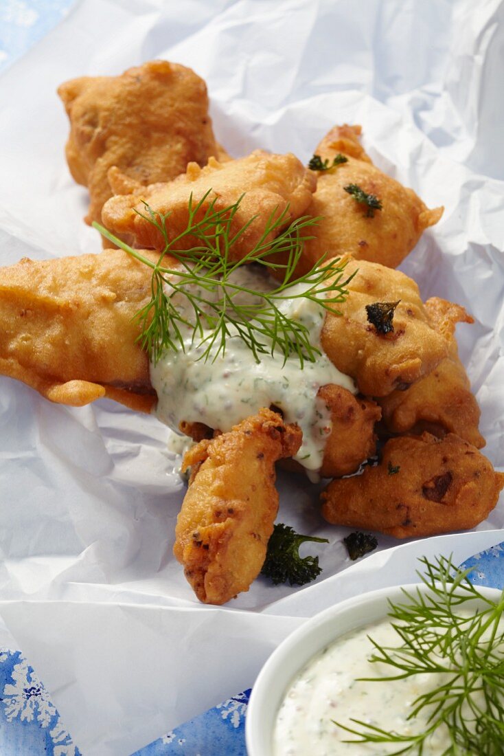 Baked herring in beer batter with a honey, mustard and dill sauce