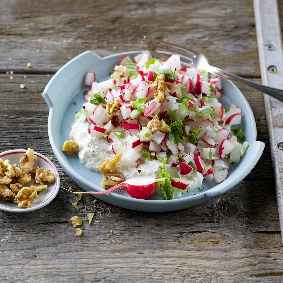 Fresh radish tatar with ricotta and walnuts