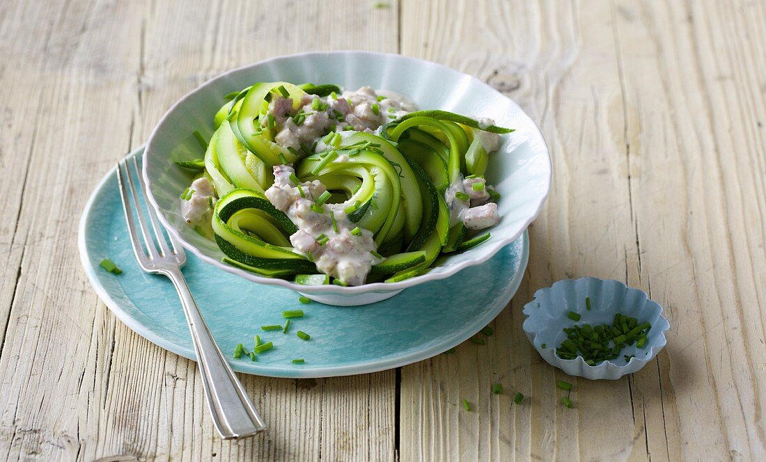Courgette pasta with a ham and cream cheese sauce