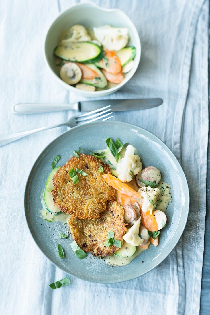 Unripe spelt grain cakes with mixed creamy vegetables