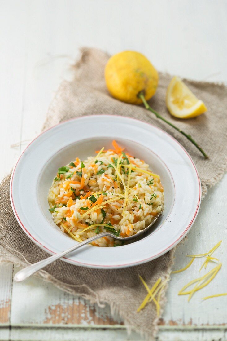 Lemon risotto with carrots, herbs and Parmesan cheese