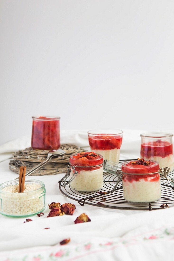 Rice pudding with a rhubarb and rose jelly