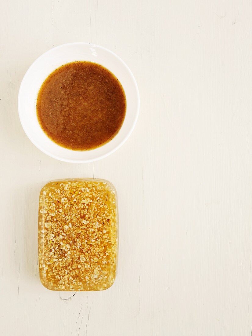 A honey face mask and honey soap (seen from above)