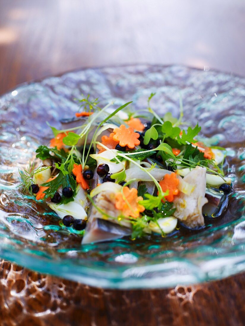 Marinated mackerel with vegetables and herbs