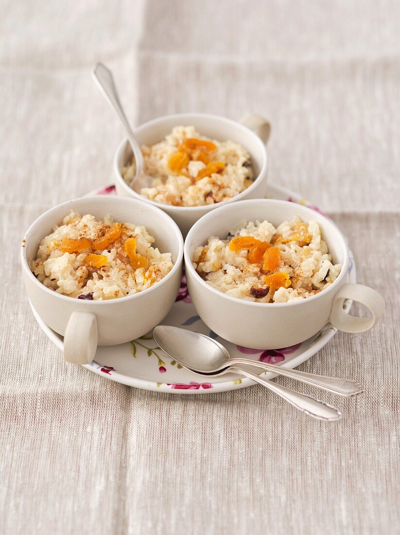 Rice pudding with nuts and dried apricots