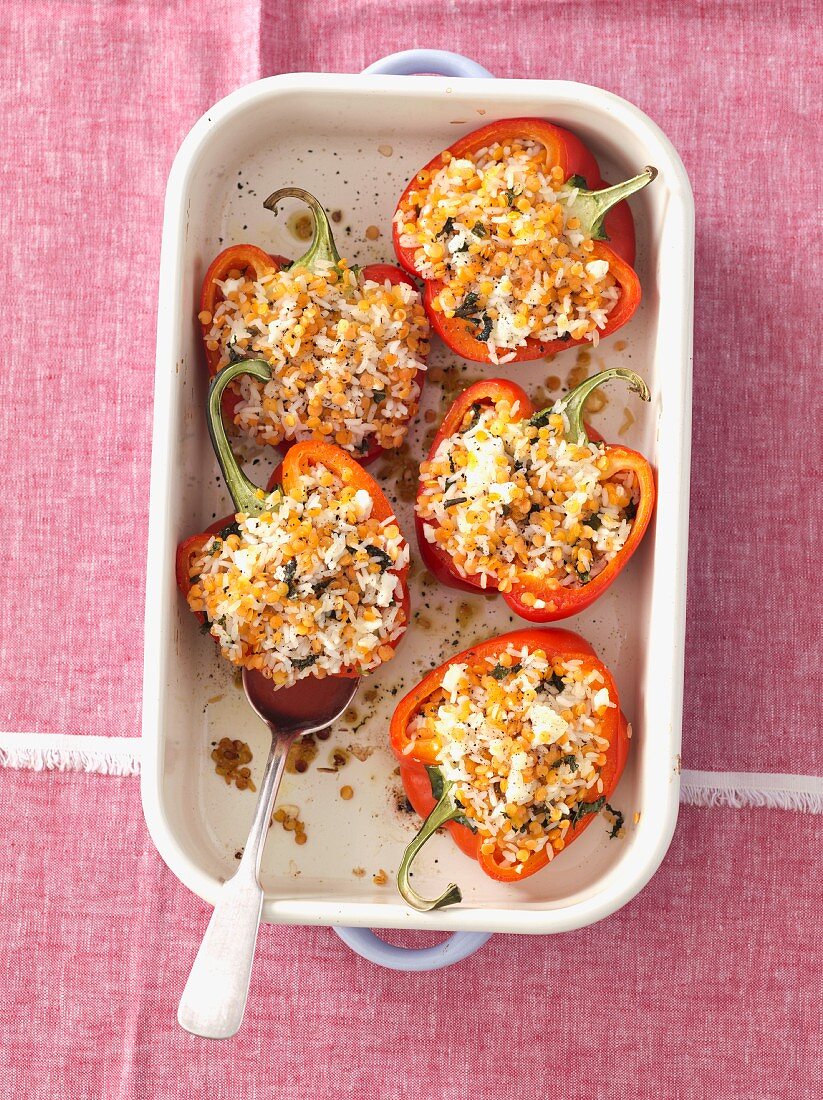Peppers stuffed with rice, lentils and feta cheese
