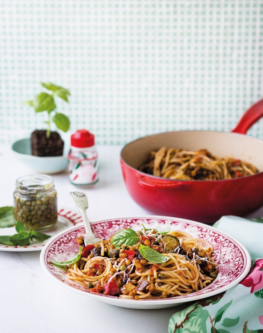 Spaghetti with lentil ratatouille