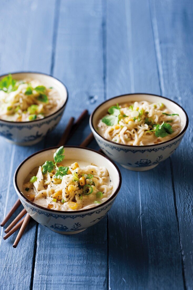 Chicken soup with noodles and sweetcorn