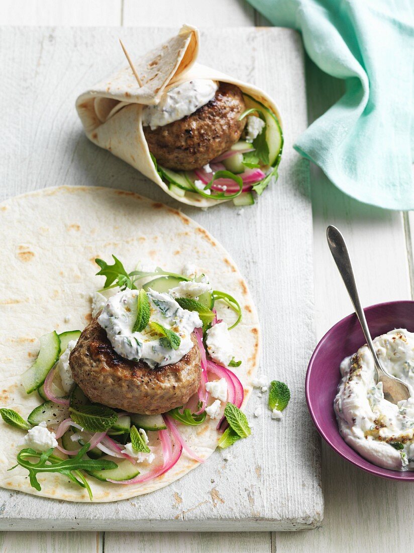 Wraps with lamb meatball, cucumber, mint and tzatziki