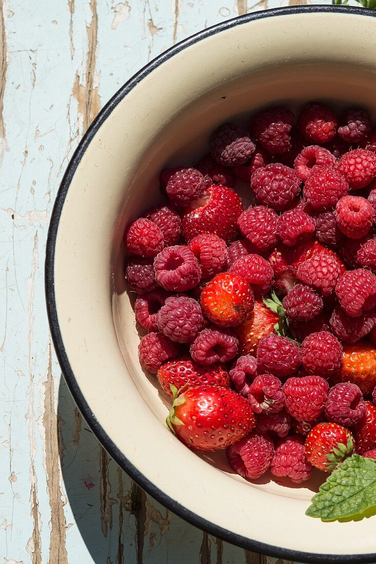 Fresh strawberries and raspberries in an enamel bowl