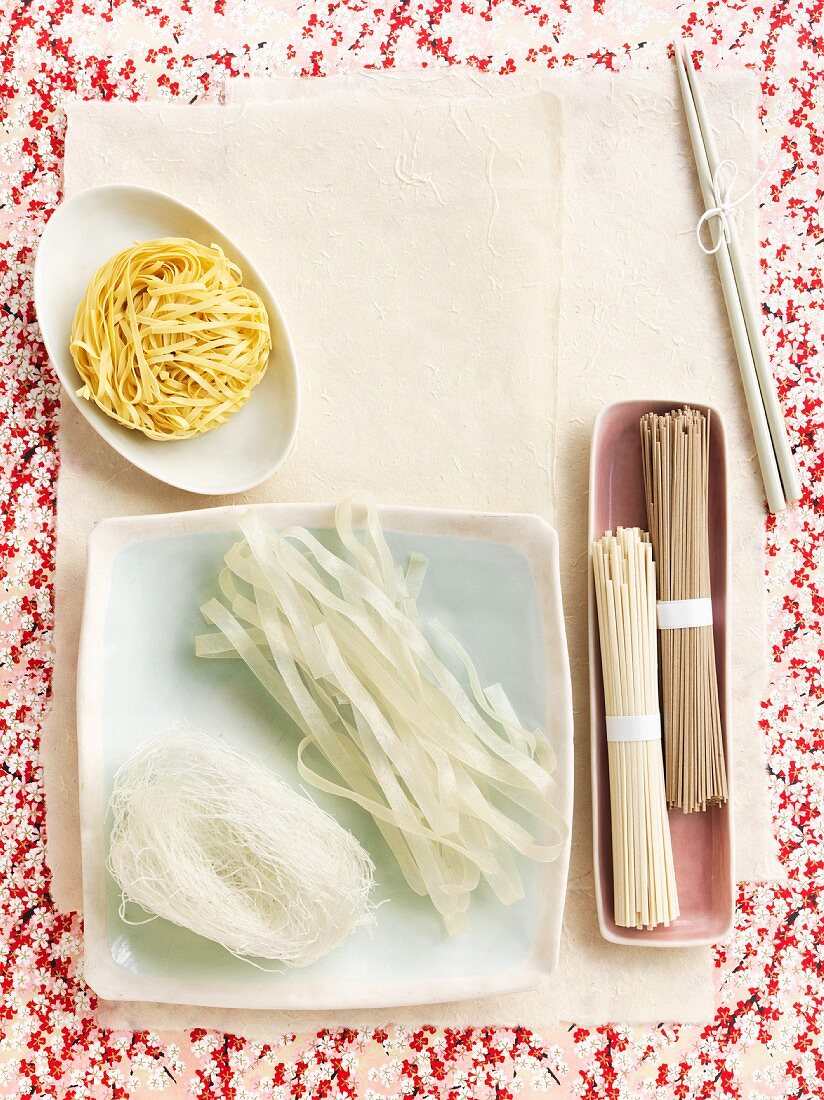 Assorted types of noodles from Asia