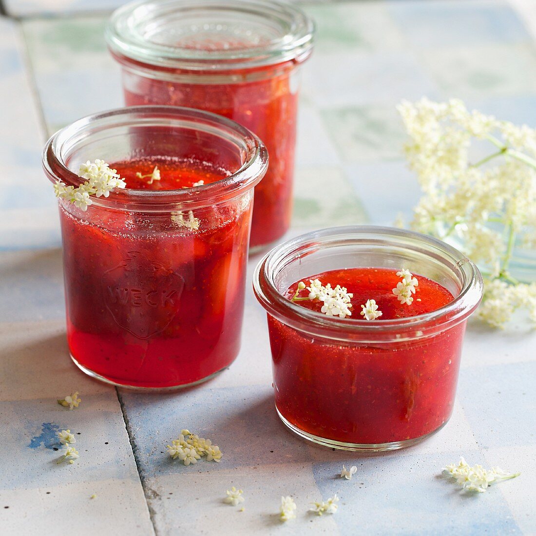 Homemade strawberry jam with elderflowers