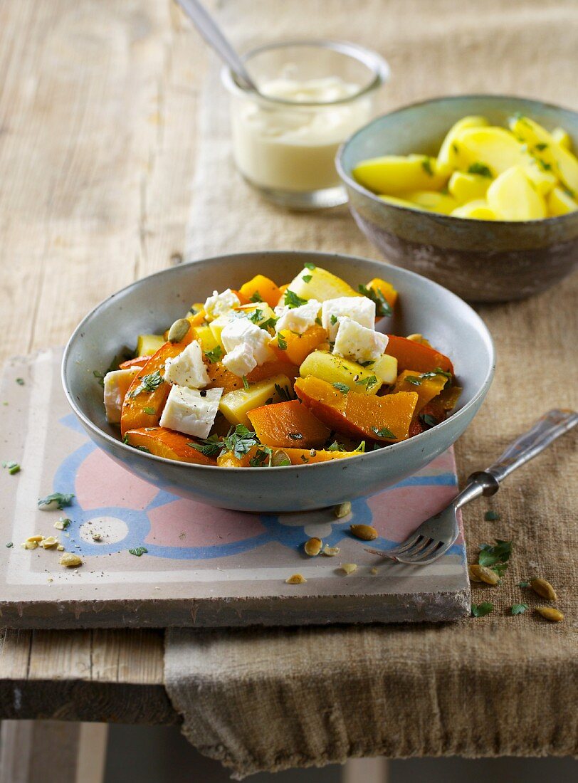 Potato and pumpkin ragout with sheep's cheese