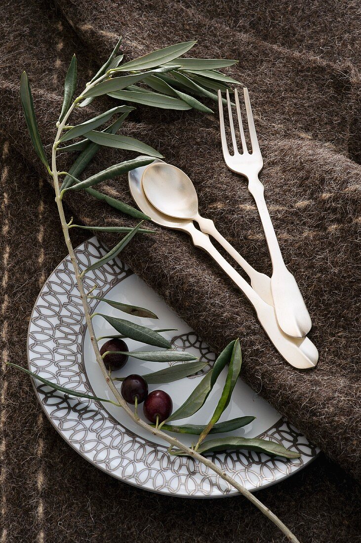 Hermes plate with silver cutlery and an olive sprig on a brown woollen rug