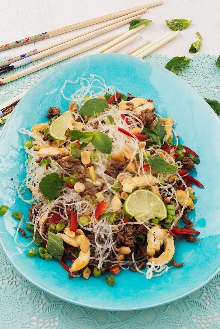 Glass noodle salad with peanuts, prawns, beef and vegetables