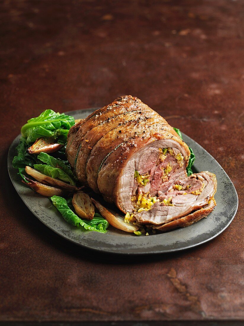 Stuffed lamb shoulder with saffron rice