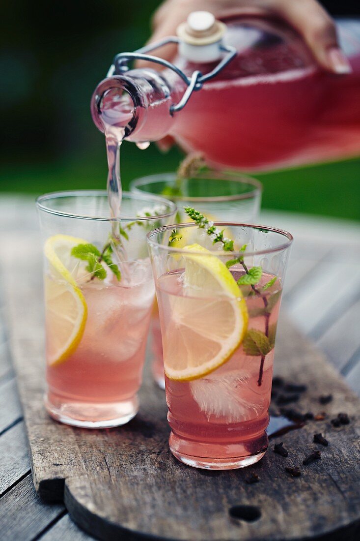 Homemade rhubarb juice with lemons and ice cubes