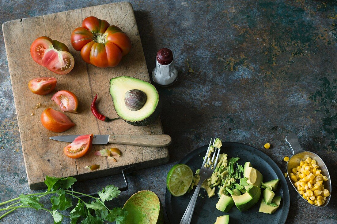 ingredients for guacamole with sweetcorn