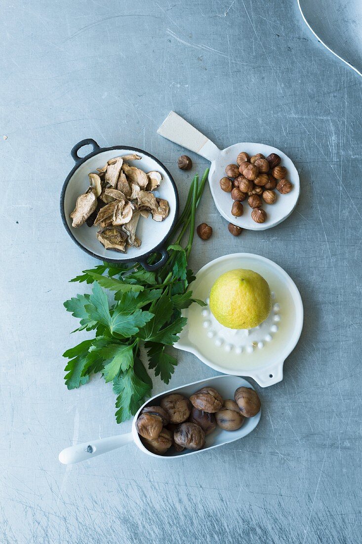 Ingredients for chestnut and porcini mushroom spread with lemon and parsley