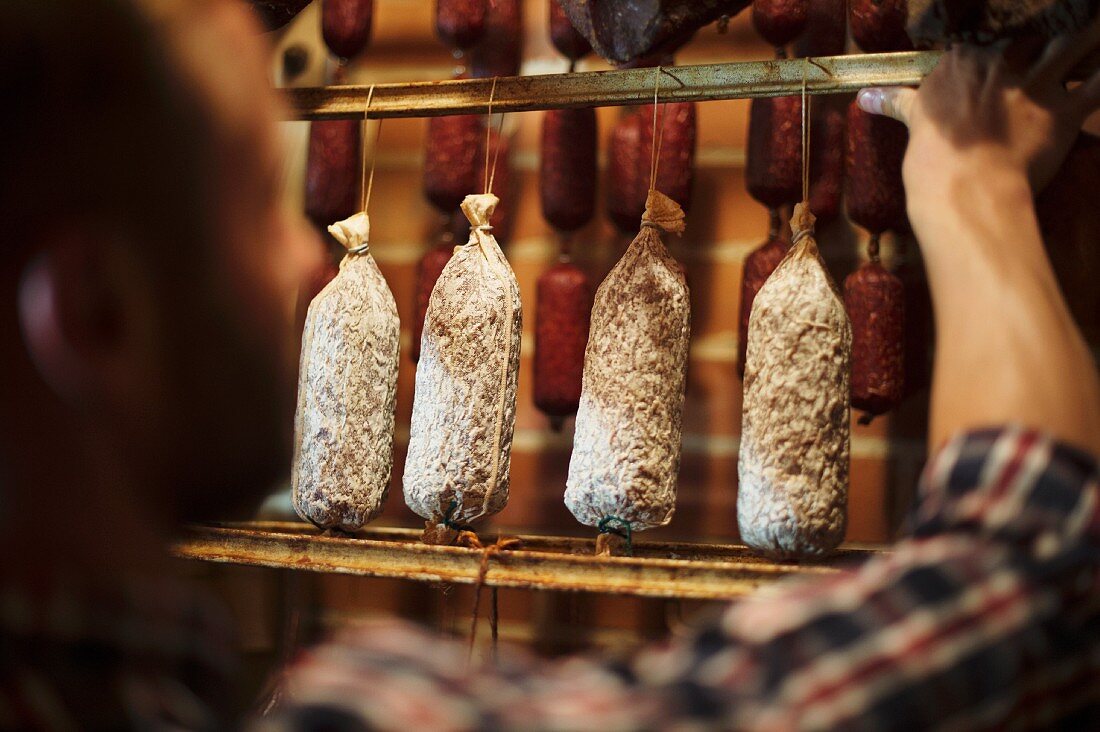 Salami im Reifegewölbe der Fleischerei Heyer in Werdau