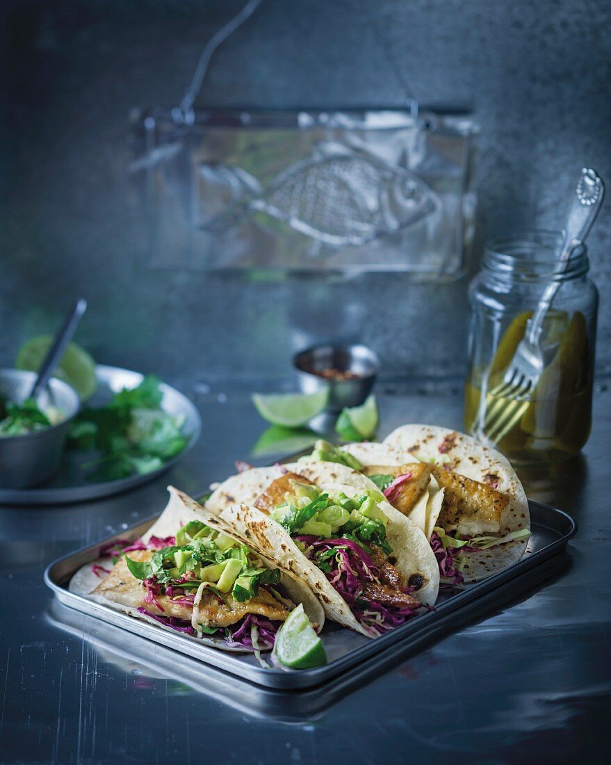 Tacos with grilled angelshark, cabbage and mini guacamole