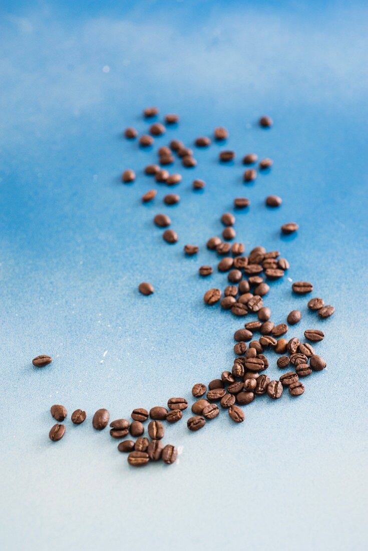 Coffee beans on a blue surface
