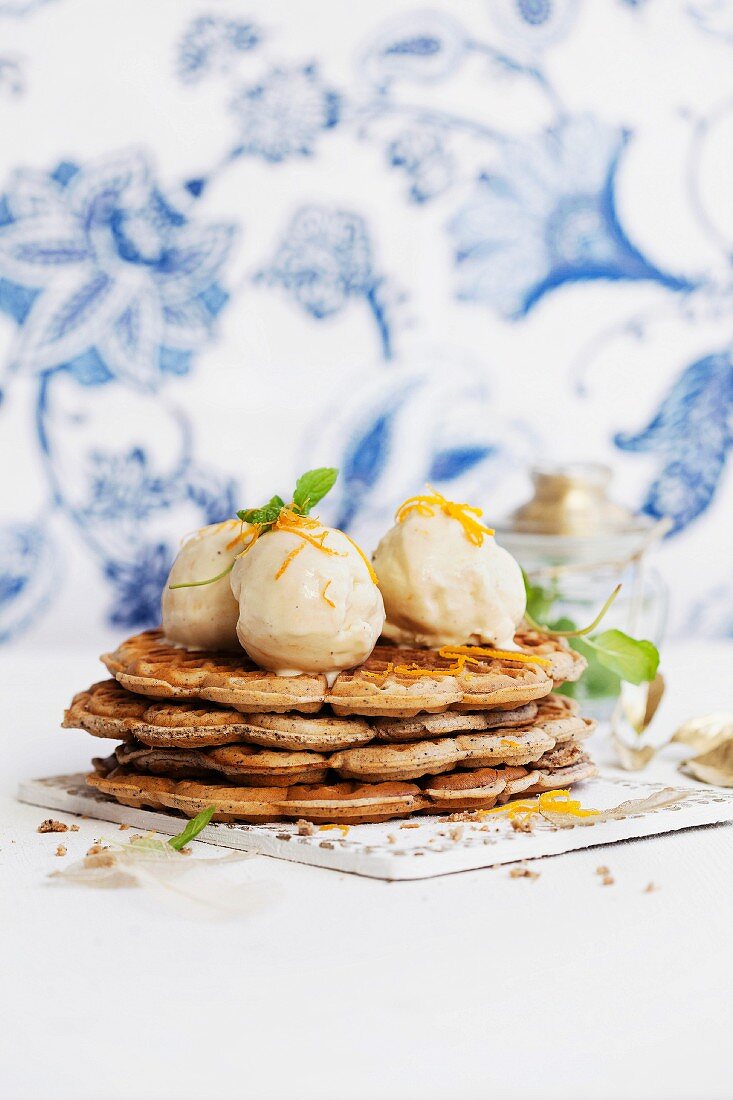 Poppyseed and cinnamon waffles with clementine, ginger and chocolate ice cream