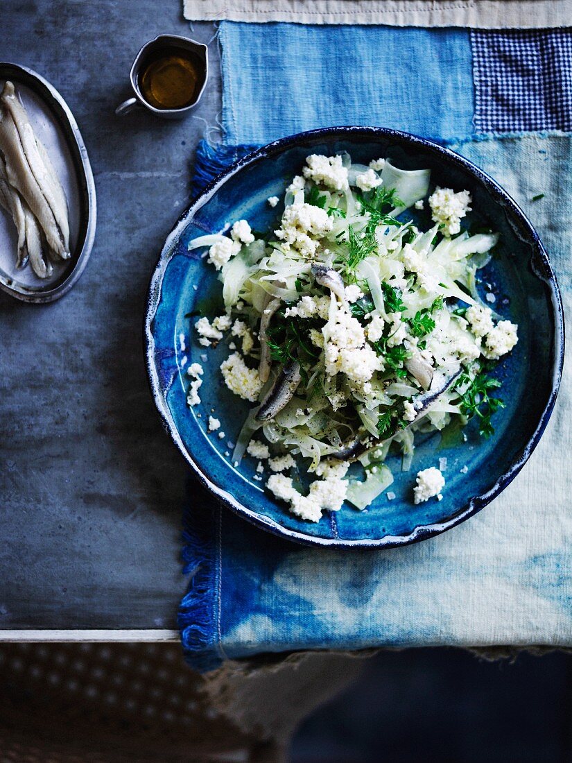 Fennel salad with marinated anchovies and ricotta cheese