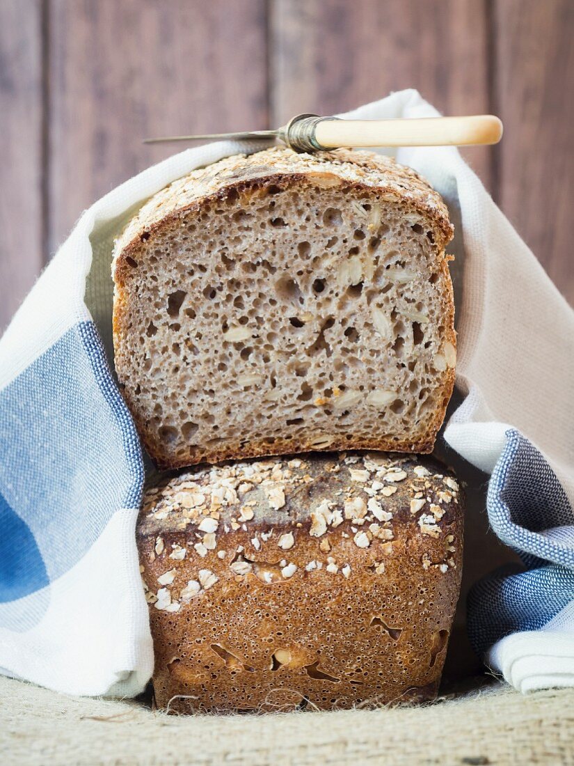 Freshly baked sourdough rye-spelt bread with pumpkin seeds