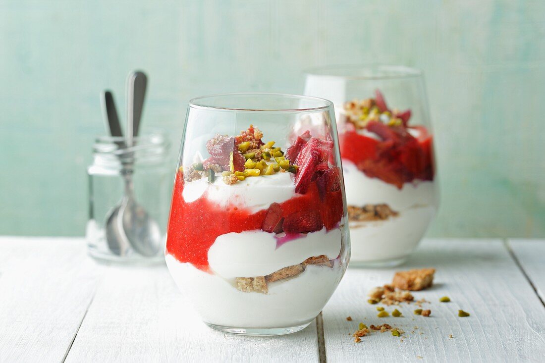Rhubarb trifle with strawberry sauce and wholemeal biscuits