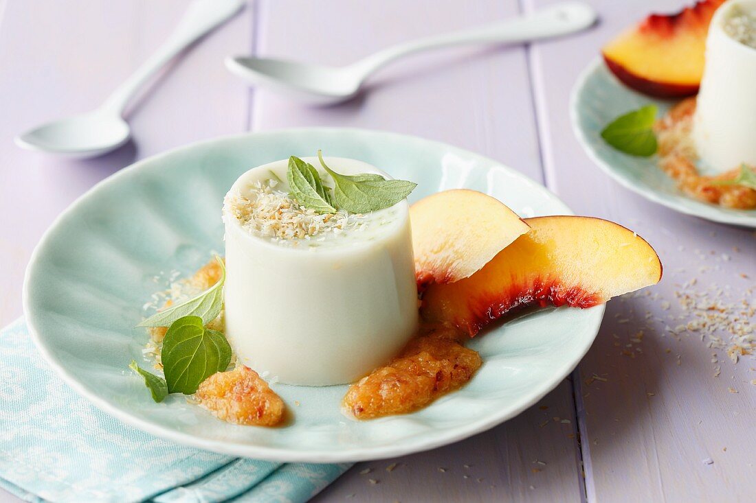 Coconut panna cotta with peach relish