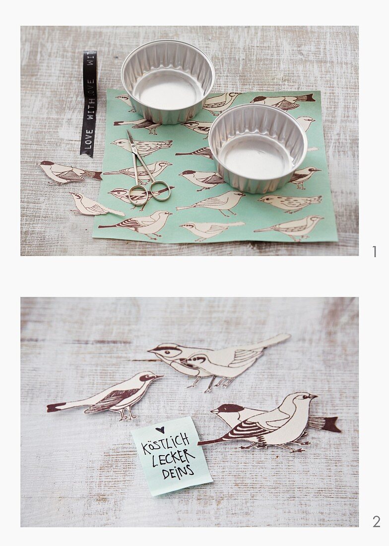 Gift wrapping using baking tins and bird-shaped tags