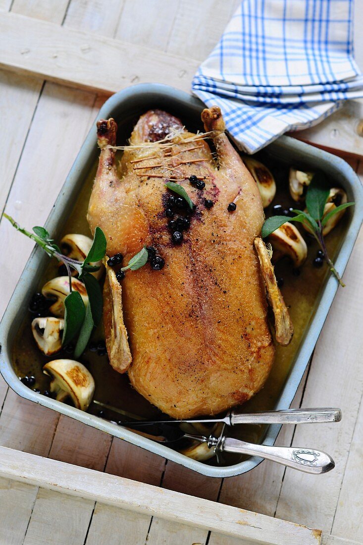 Stuffed goose with mushrooms, sage and blackcurrants