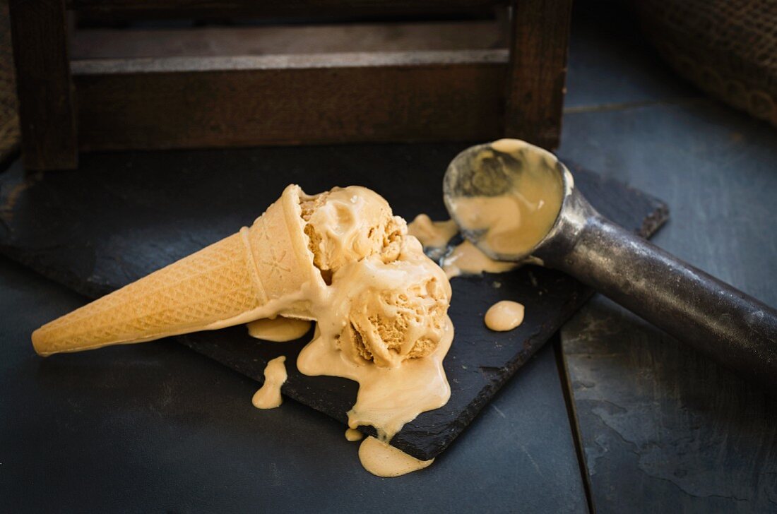 An ice cone with caramel ice cream