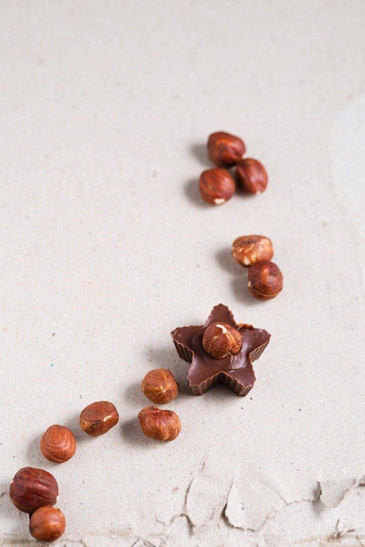 Pralines with hazelnuts and scattered hazelnuts