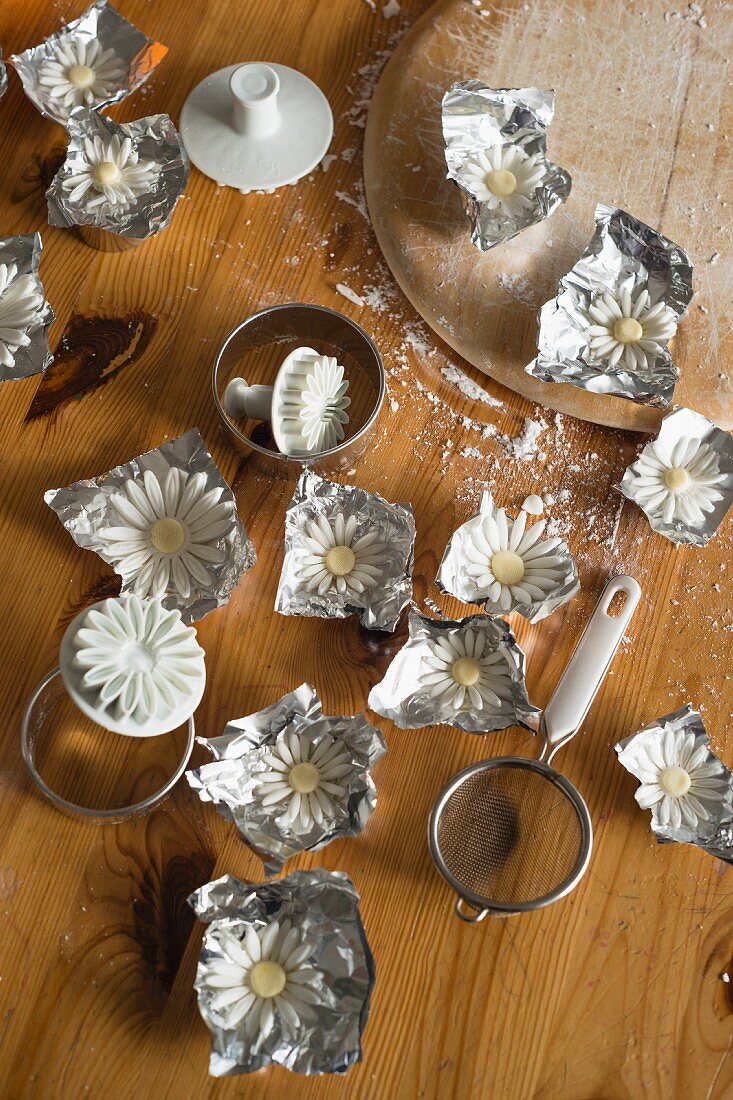 Sugar flowers drying on aluminium foil