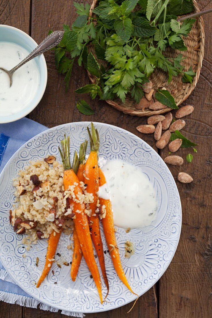Roasted carrots with almond bulgur and mint yoghurt