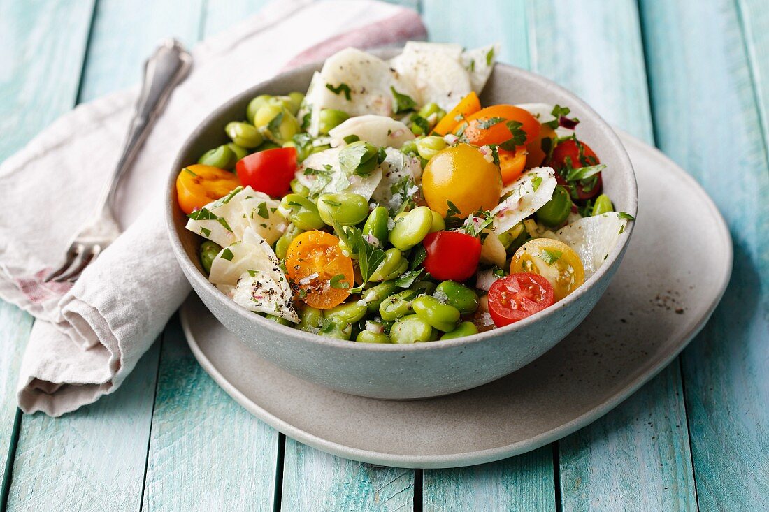 Broad bean salad with colourful cherry tomatoes and radishes