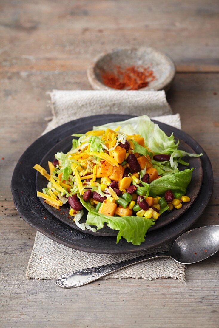 Sweet potato salad with kidney beans, green beans, sweetcorn and Cheddar cheese