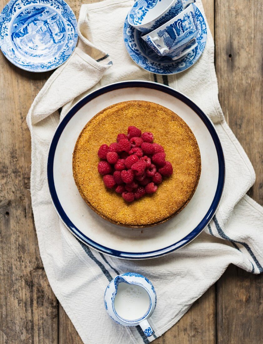 Olive oil cake with raspberries (seen from above)